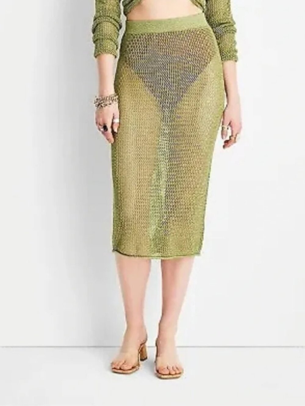 Future Collective Alani Noelle Olive Green Metallic Crochet Midi Skirt Size XXL